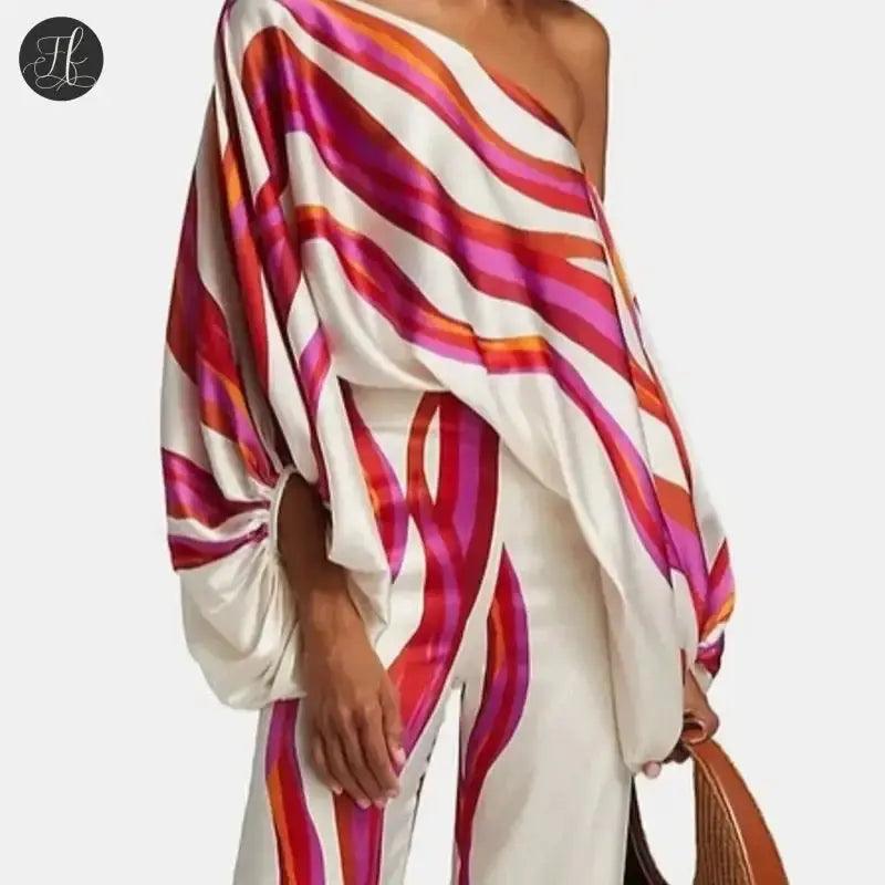 Satin Off Shoulder Tops With Flared Pants 2 Piece Set Classic Straight-Leg Pants