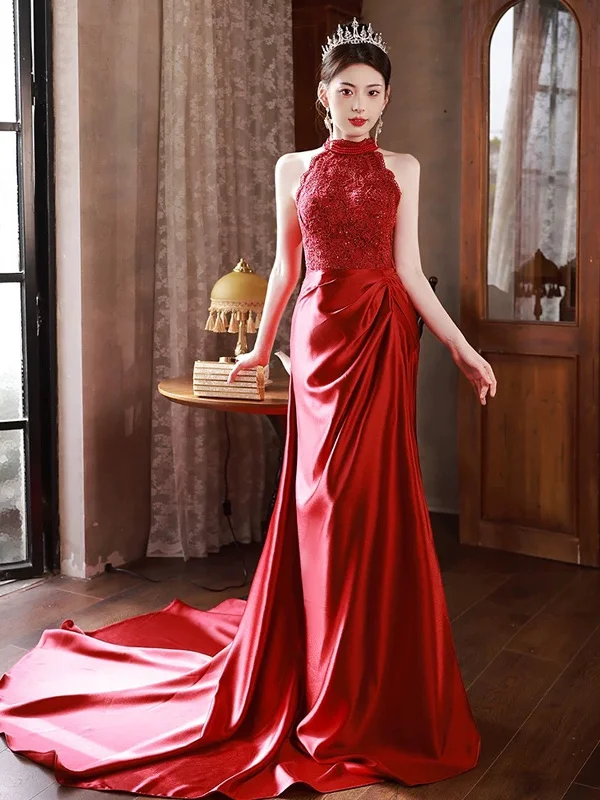 Wine Red Lace and Satin Halter Mermaid Long Party Dress, Wine Red Prom Dress Crew Neckline Sporty