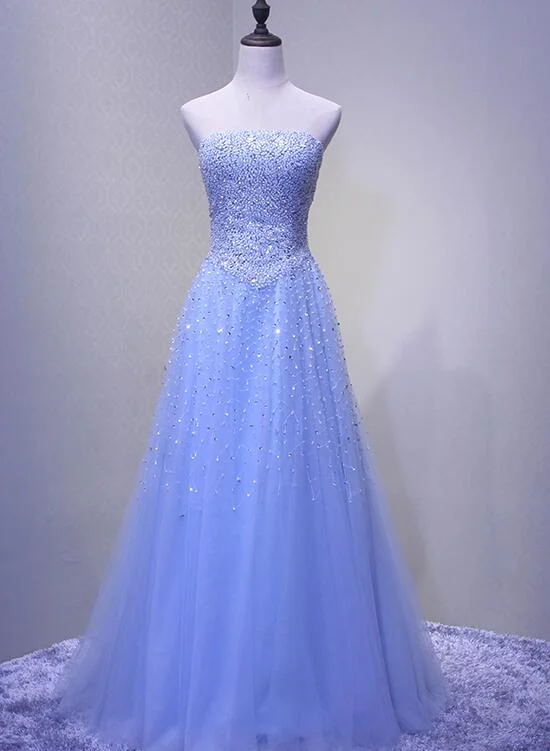 Light Blue Sparkle Long Formal Gowns, Beaded Party Dresses, Blue Tulle Gowns Tunics Bestseller popular