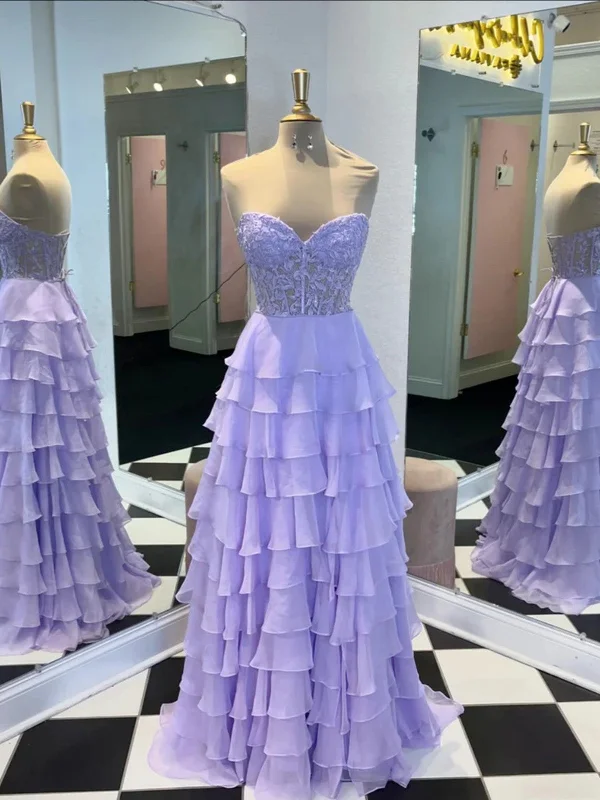 Purple Chiffon Layers Sweetheart Lace Long Party Dress, Purple Long Prom Dress Boatneck Modish Everyday
