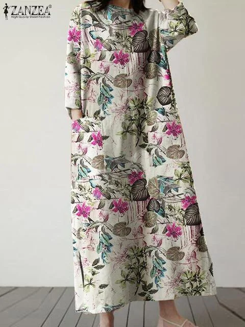ZANZEA Bohemian Holiday Midi Vestido Vintage Autumn Floral Sundress Women Long Sleeve Printed Party Dress With Pant S4635773 Lace Sexy Club