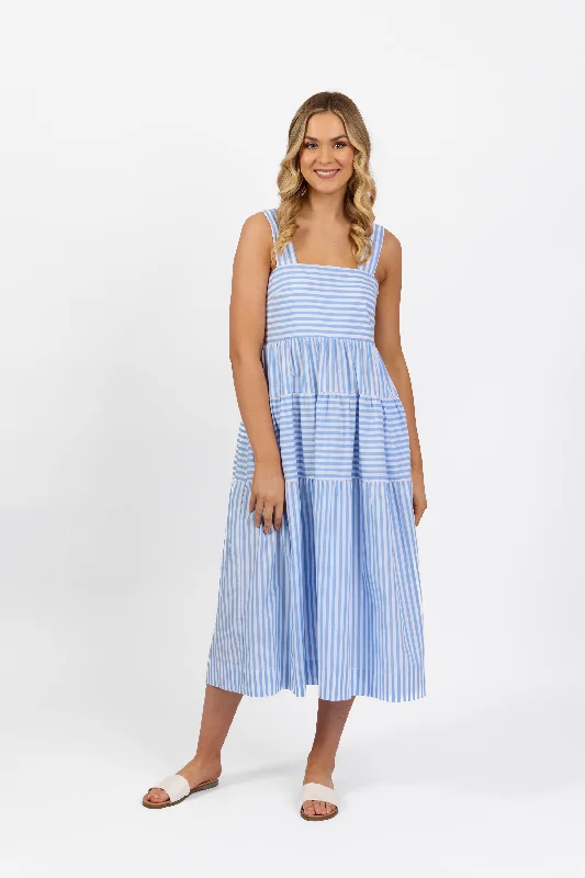 Sleeveless Tiered Dress with Wide Straps - Blue Stripe Tunics Sophisticated sleek