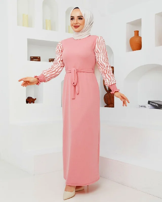 Rewel Fashion Turkish Women's Scuba Fabric Maxi Party Dress 1205 -Pink Tunics Chic fashionable