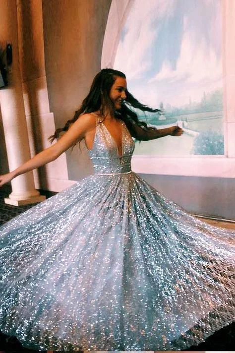 A-line V neck Silver Long Prom Dresses Shiny Evening Party Dresses DMS25 Tunics Cozy soft