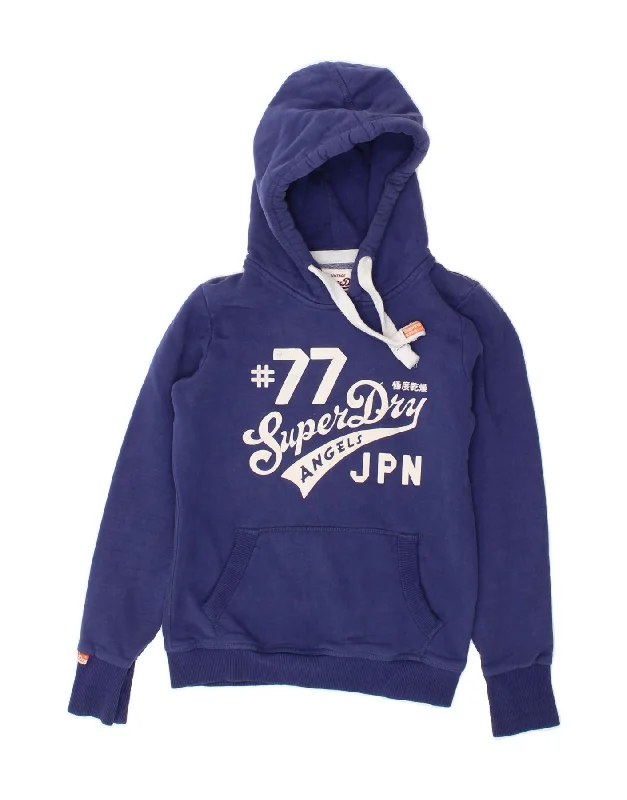 SUPERDRY Womens Graphic Hoodie Jumper UK 10 Small Blue Cotton Hoodie with Double Zipper Versatile Adjustable