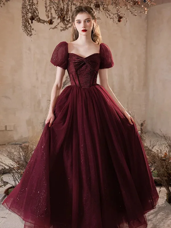 Lovely Wine Red Puffy Short Sleeves Tulle Prom Dress, Wine Red Tulle Party Dress Tunics Leisure comfortable