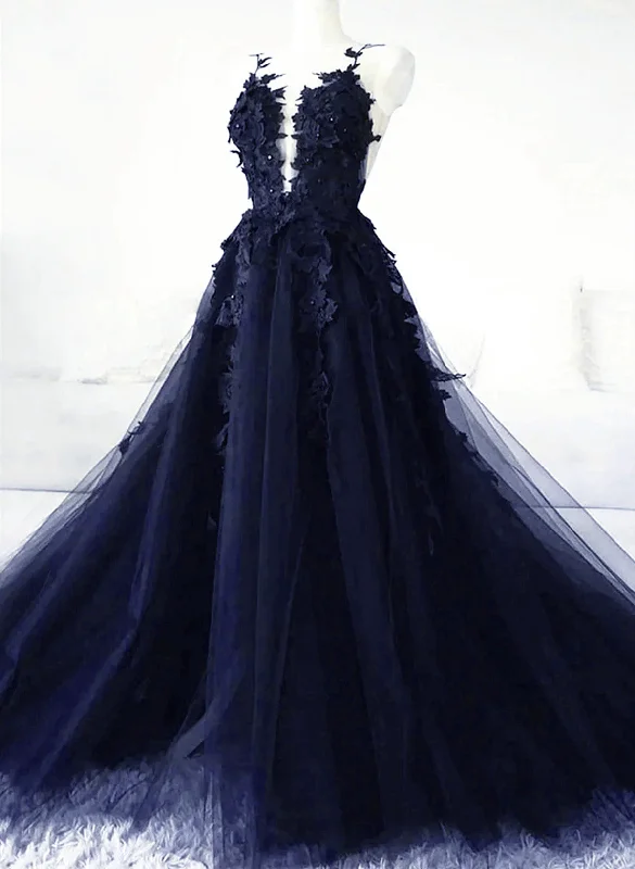 Navy Blue Tulle with Lace Applique Party Dress, Navy Blue Tulle Prom Dress Tunics Vintage classic
