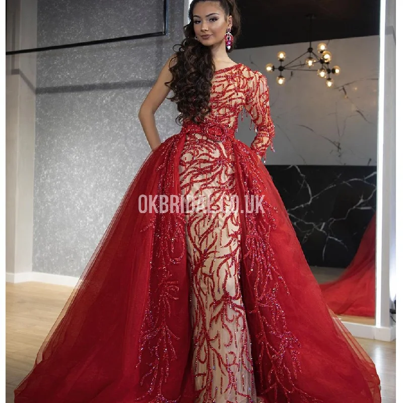 Gorgeous Mermaid Tulle One Shoulder Sequin Applique Prom Dress with Detachable Skirt, FC4453 Square Neckline Feminine