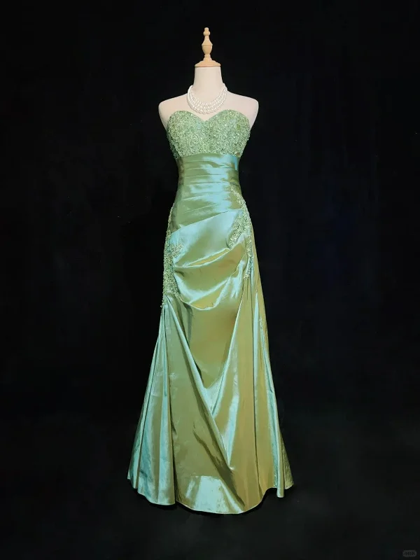 A-line Green Satin with Lace Applique Prom Dress, Green Floor Length Party Dress Tunics Summer linen