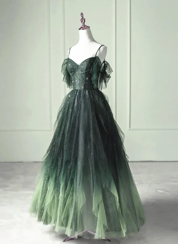 Green Gradient Tulle Beaded Sweetheart Long Formal Dress, Green Straps Party Dress Tunics Sophisticated sleek