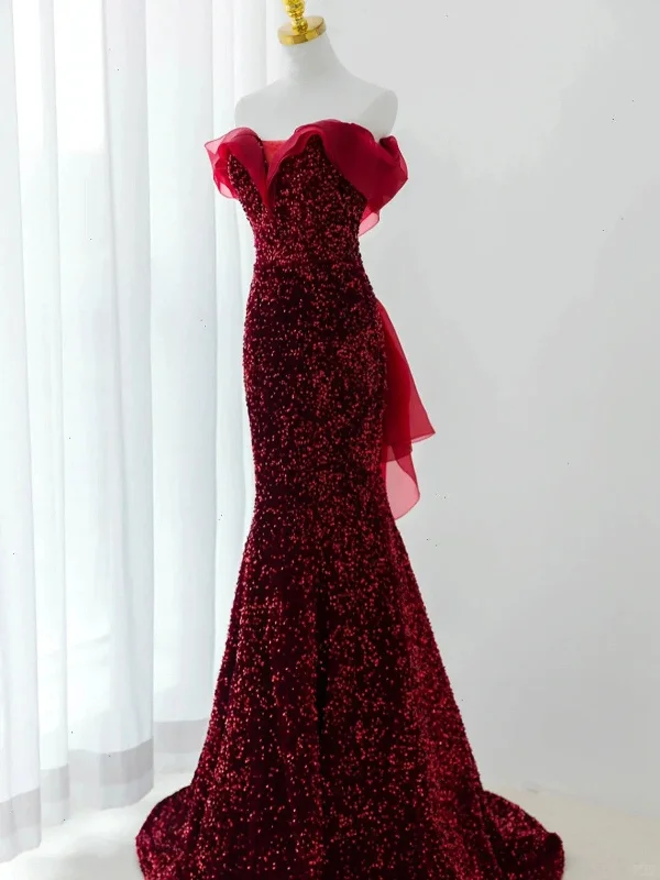 Wine Red Sequins Mermaid Long Party Dress, Off Shoulder Sweetheart Prom Dress Tunics Chic fashionable