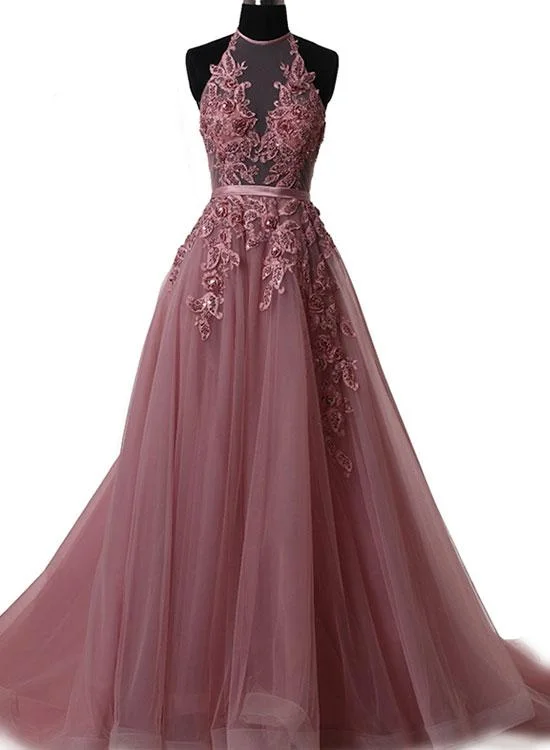 Prom Dresses , Tulle Halter Floor Length Party Dresses, Formal Gowns Tunics Practical easy-care