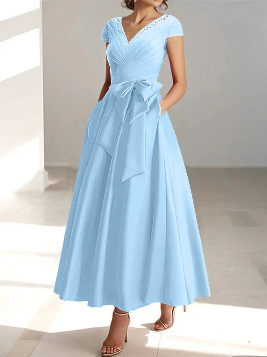 A-Line/Princess V-Neck Short Sleeves Ankle-Length Mother of the Bride Dresses With Pockets & Ruffles Tunics Versatile all-occasion