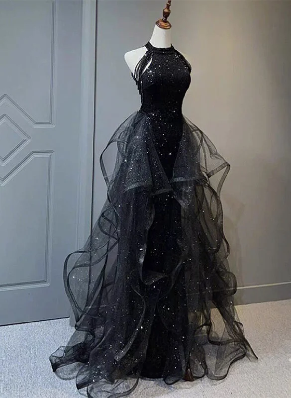 Black Halter Shiny Tulle Long Party Dress with Beadings, Black Tulle Prom Dress Tunics Corduroy durable