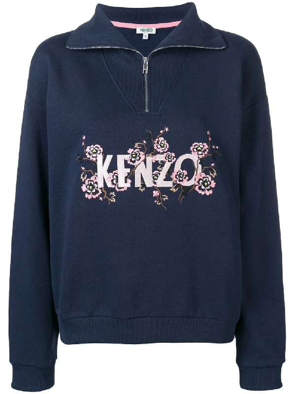 floral logo embroidered sweatshirt Hoodie with Exposed Zipper Edgy Industrial