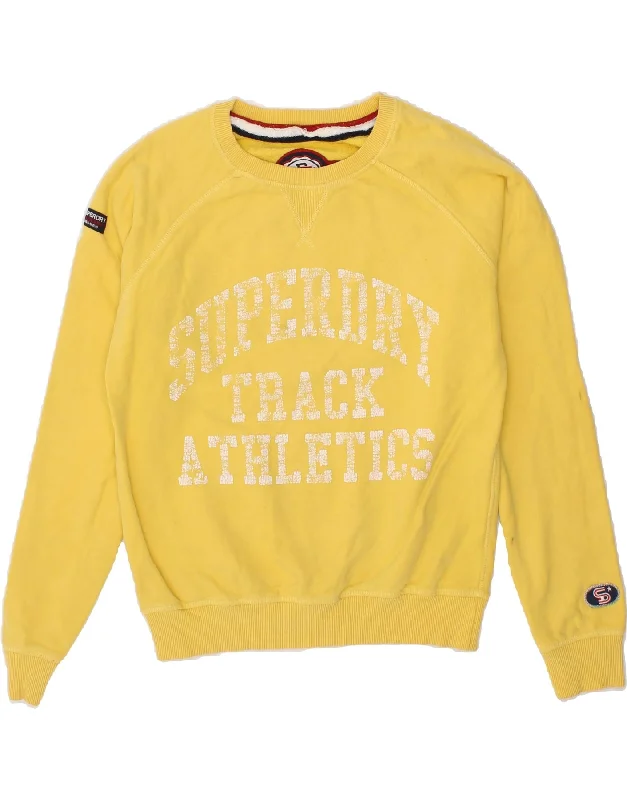 SUPERDRY Womens Oversized Graphic Sweatshirt Jumper UK 10 Small Yellow Hoodie with Hem Elastic Stretchable Comfortable