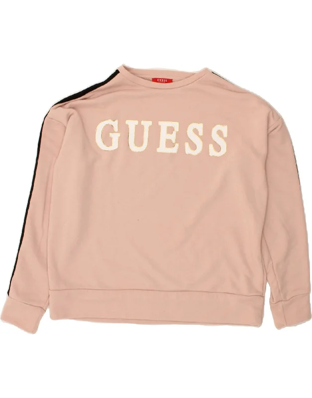 GUESS Womens Graphic Sweatshirt Jumper UK 12 Medium Pink Polyester Hoodie with Crew Neck Simple Timeless