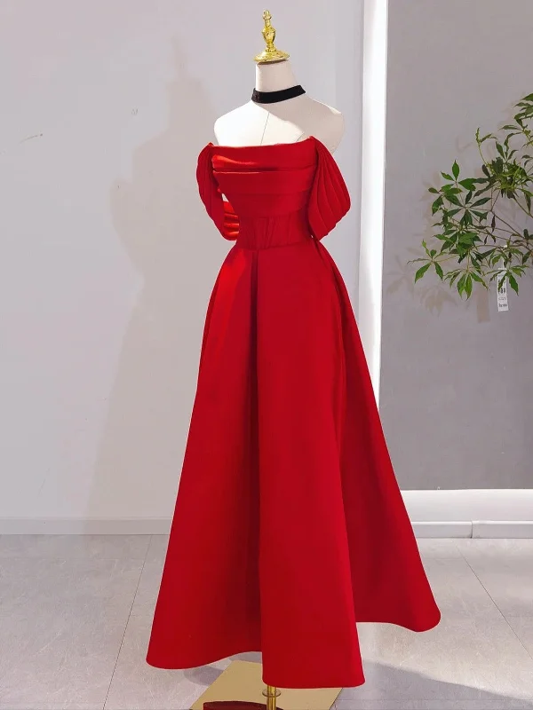 Red Satin Red Satin A-line Scoop Long Party Dress, Red Satin Prom Dress Chiffon Maxi Beach