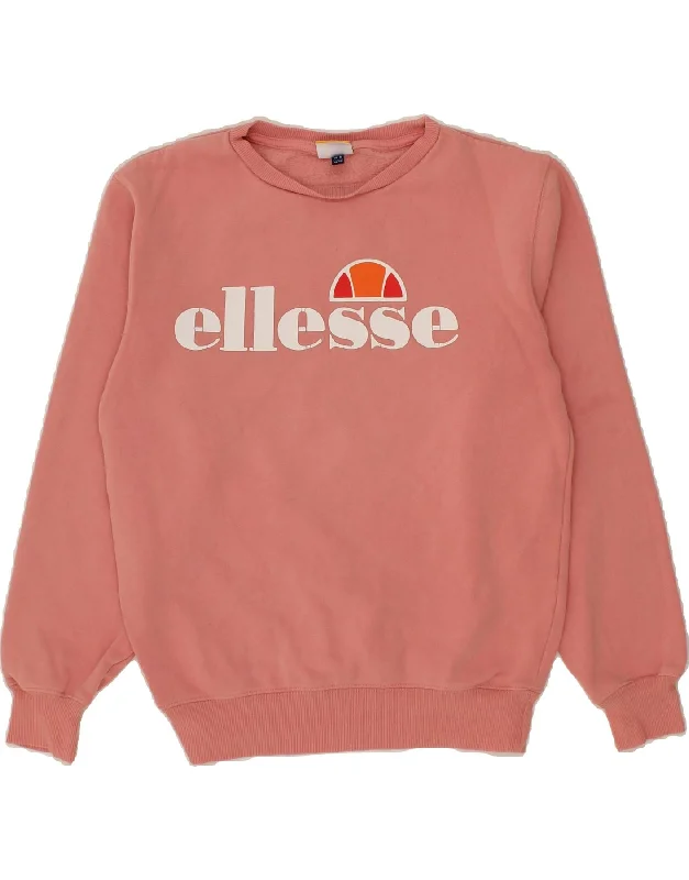 ELLESSE Womens Oversized Graphic Sweatshirt Jumper UK 10 Small Pink Cotton Hoodie with Emblem Brand Identity