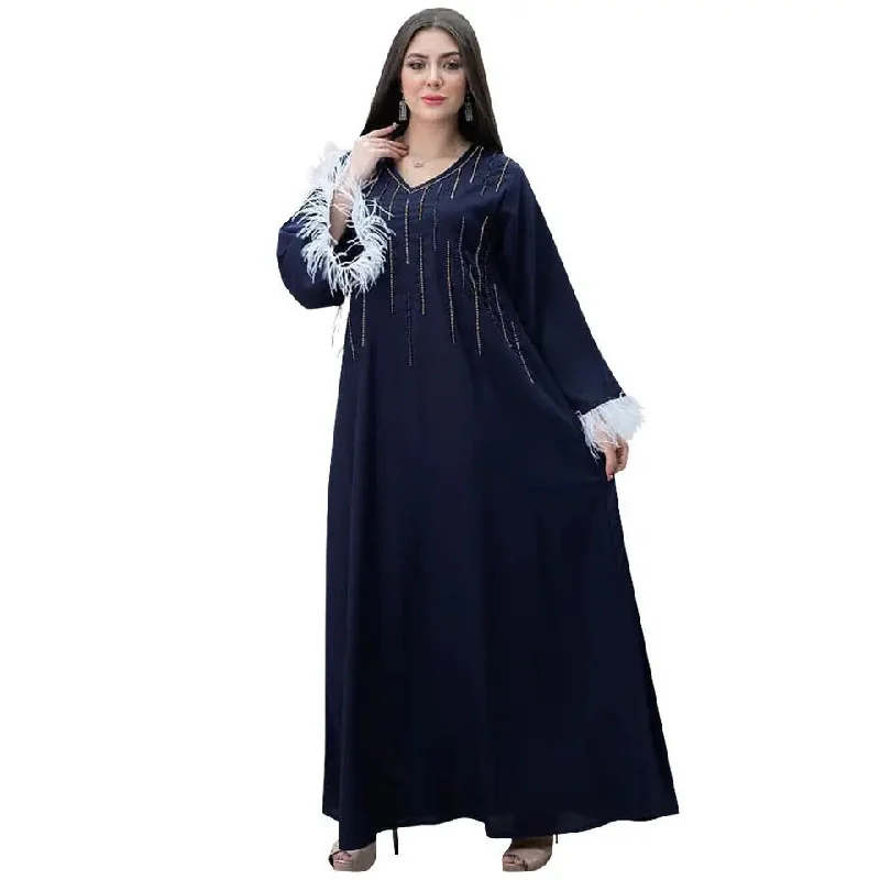 Luxury Diamonds Feather Long Sleeves Muslim Middle East Robe V Neck Loose Women Dubai Arabic Party Dress Bayan Elbise Tesettür S4704517 Tunics Print Colorful