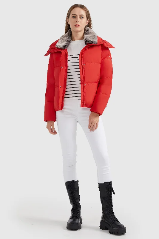 Removable Faux Fur Collar Puffer Down Jacket Welt Pockets Slit Pockets Flap Pockets