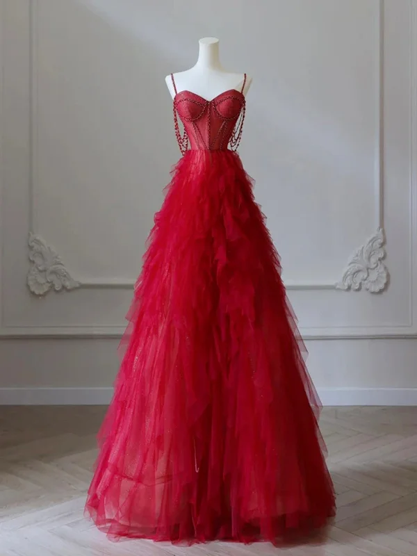 Red Sweetheart Tulle Layers Beaded Straps Prom Dress, Red Floor Length Party Dress Tunics Vintage classic