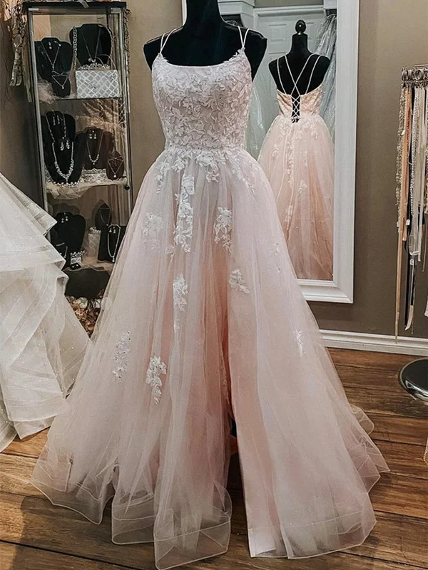 Pink Tulle  Lace Appliques A Line Open Back Long Prom Dress, Pink Party Dress Sequined Elegant Party