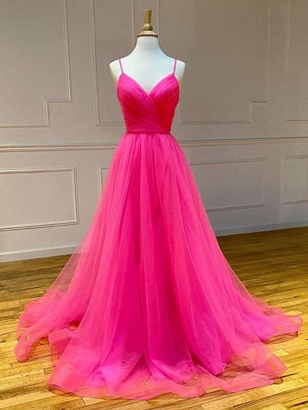 Hot Pink V-neckline Straps Cross Back Party Dress, Tulle Long Prom Dress Pencil Length Work