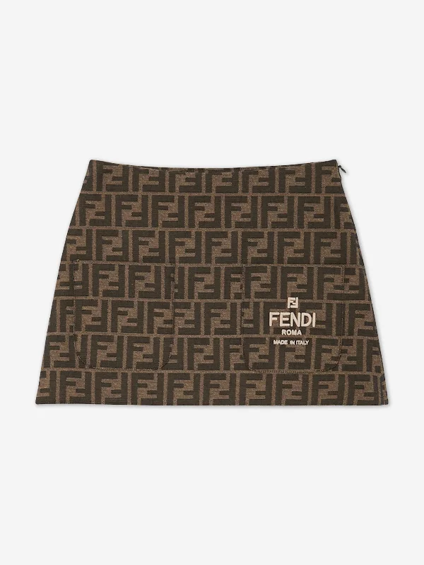 Fendi Girls FF Logo Skirt in Brown silk skirt lustrous