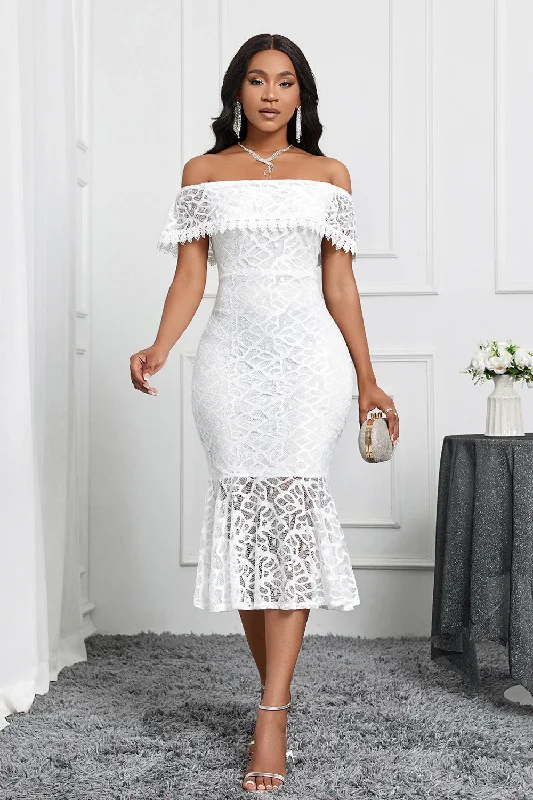 White Off the Shoulder Mermaid Ruffle Tea Length Party Dress Tunics Recommended stylist
