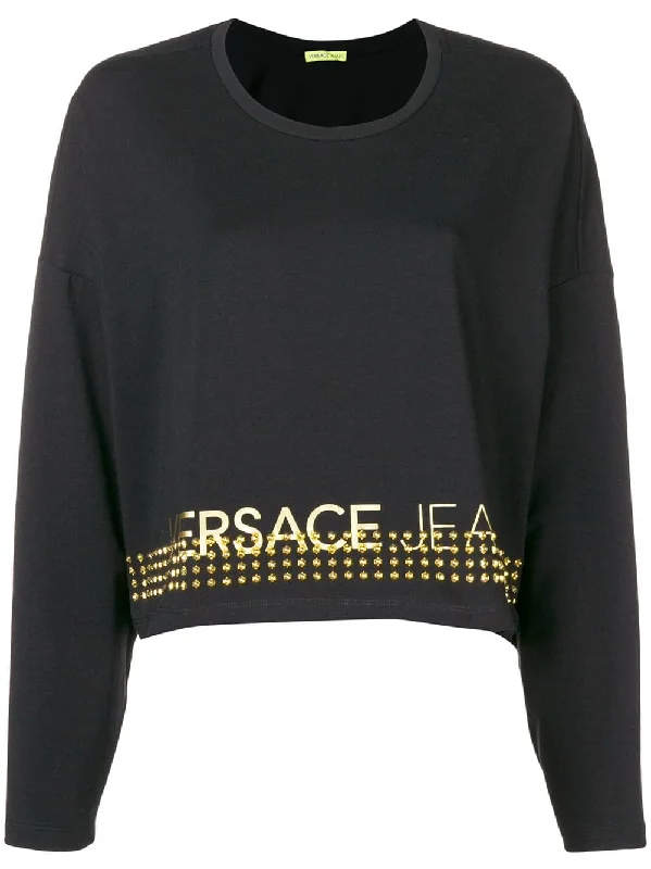 studded logo sweatshirt Hoodie with Mock Neck Collared Structured