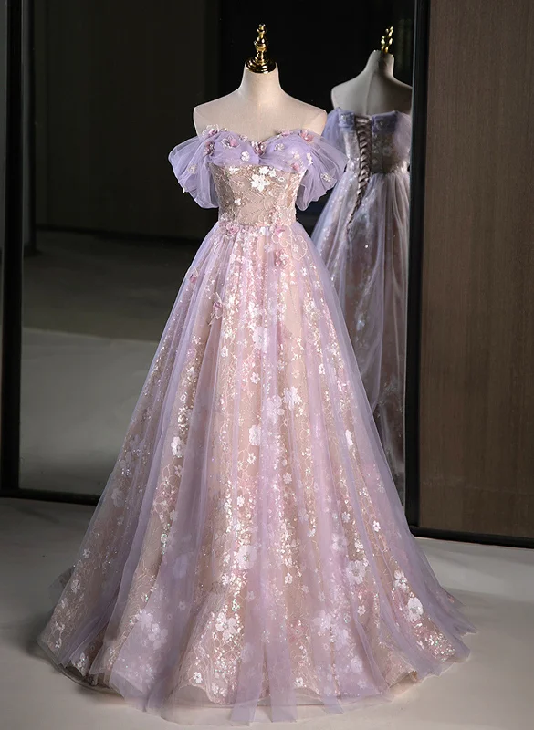 Lovely Light Purple Floral Tulle Off Shoulder Party Dress, Light Purple Tulle Prom Dress Tunics Prom sequined