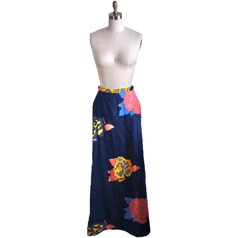 Vintage  Cotton Maxi Skirt Mod 1960s Big Floral A Line Womens 28" Waist Medium silk skirt luxurious