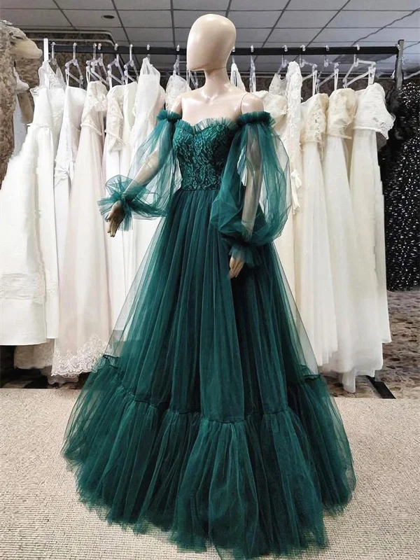 Green Puffy Sleeves Lace Top Long Party Dress, Green Tulle Prom Dress Crew Neckline Casual