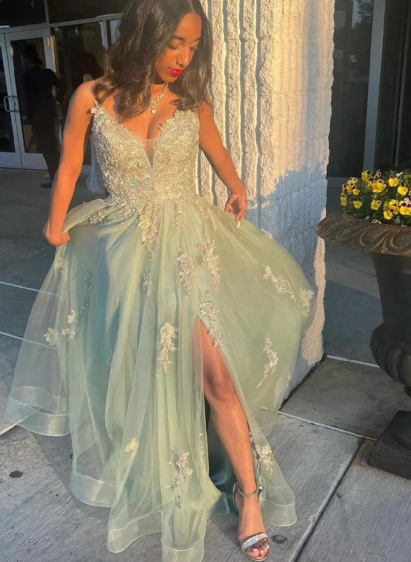 A-line Green Tulle with Lace Applique Party Dress, Green Tulle Prom Dress Tunics Ceremony elegant