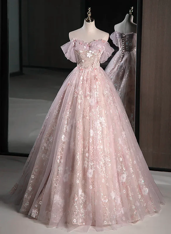 Pink Sweetheart Floral Lace and Tulle Prom Dress, Pink Sweetheart Long Party Dress Tunics Gym athletic