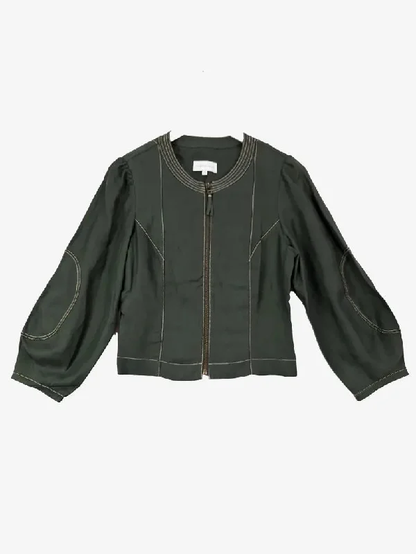 Veronika Maine Olive Contrast Stitch Linen Jacket Size 8 Zippered Front Buttoned Front Snap Front