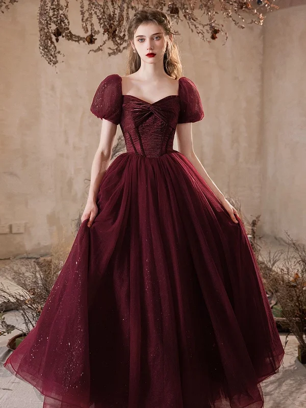 Maroon Shiny Tulle Short Sleeves Sweetheart Party Dress, Maroon Prom Dress Tunics New arrival
