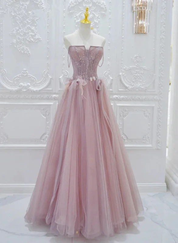 Pink Lace and Tulle A-line Prom Dress with Flowers, Pink Tulle Party Dress Tunics Silk luxurious