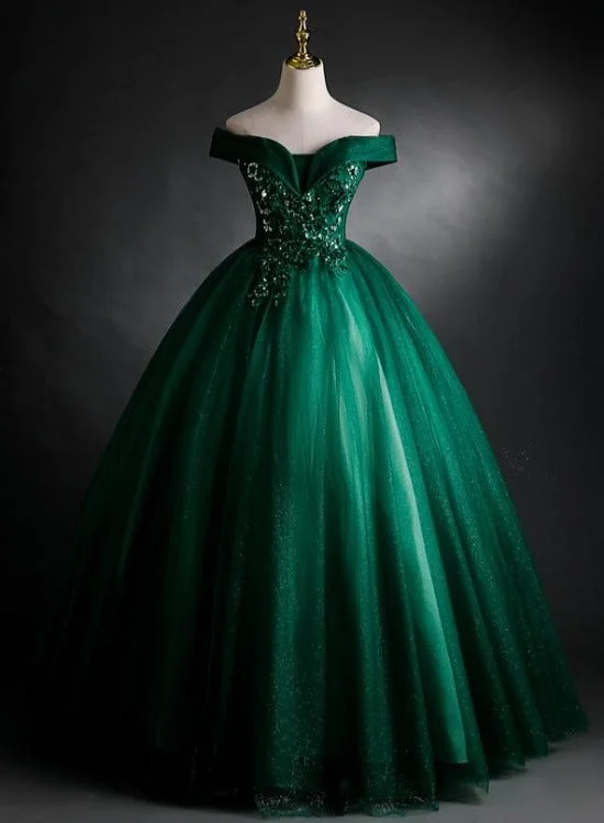 Dark Green Sweetheart Off Shoulder Long Party Dress with Lace Applique, Green Prom Dress Tunics Leisure comfortable