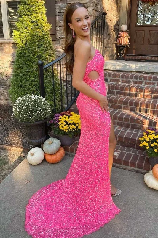 Hot Pink One Shoulder Cap Sleeves Sequined Long Prom Party Dress DMP274 Tunics Stylish elegant