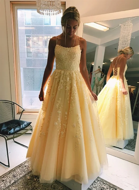 Light Yellow Lace-up Tulle with Lace Party Dress, A-line Yellow Formal Dress Prom Dress Tunics Canvas sturdy
