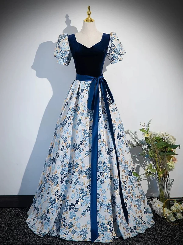 A-line Blue Short Sleeves Floral Short Sleeves Party Dress, Blue Long Prom Dress Tunics Ceremony elegant