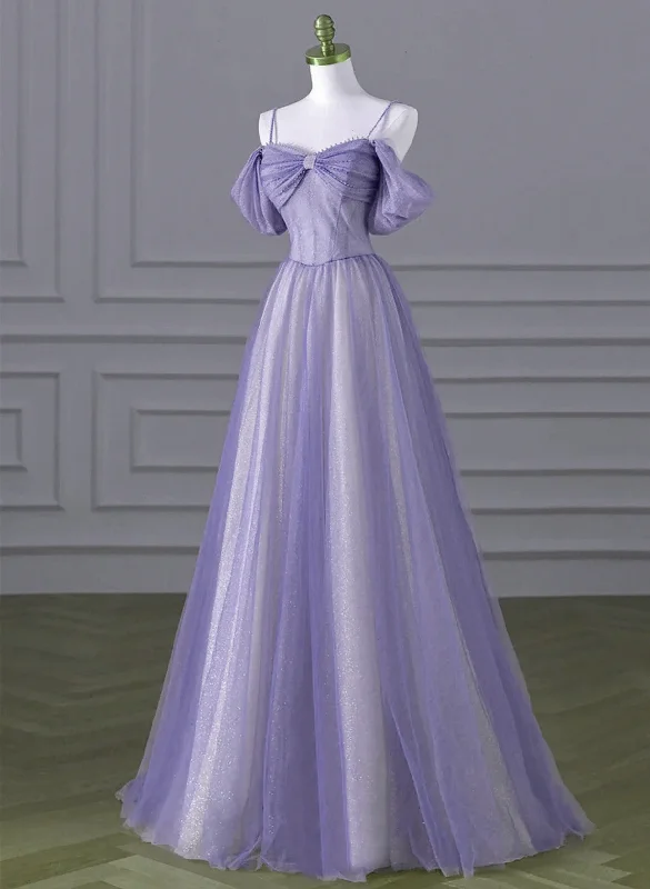 A-line Light Purple Tulle Beaded Long Party Dress, Light Purple Prom Dress Tunics Designer luxury