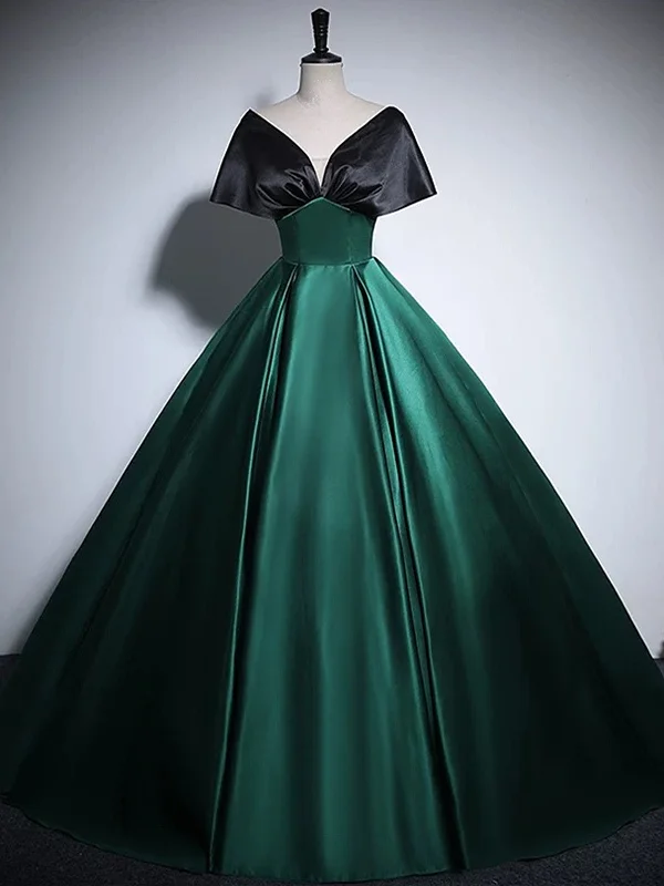 Chic Black and Green Satin Off Shoulder Long Party Dress, Floor Length Prom Dress Tunics Distressed trendy