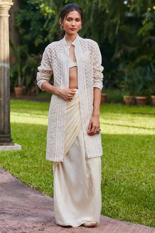 BEIGE SAREE DRAPE SKIRT WITH BUSTIER AND OPEN SHERWANI JACKET Fleece Jacket Down Jacket Feather Jacket