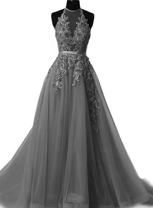 Grey Halter Lace Applique Tulle Formal Gowns, Grey Party Dresses, Prom Gowns, Formal Dresses Tunics Formal black