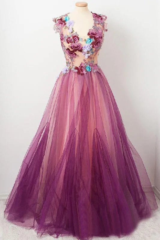 Tulle Flower A Line Prom Dresses Scoop neck Appliqued Party Dress DMP15 Tunics Sophisticated sleek