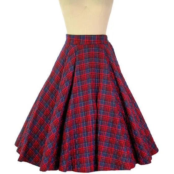 Vintage Circle Skirt Quilted Red Navy Blue Plaid 1950s 24-27" Waist Small wool skirt sturdy