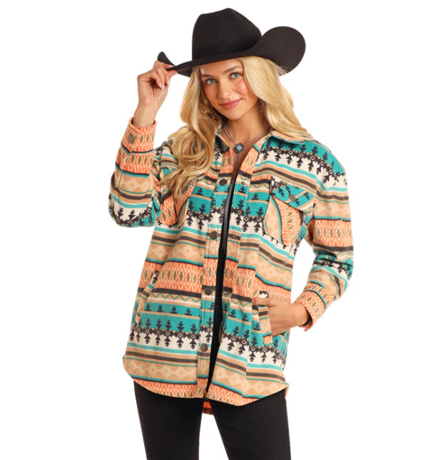 Ladies Rock & Roll Turquoise Aztec Fleece Shirt Jacket - BW92C05212 Zippered Front Buttoned Front Snap Front